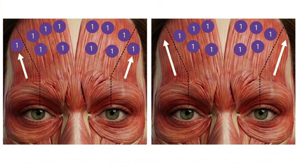 Forehead botox injection sites with numbered dosing points and directional arrows
