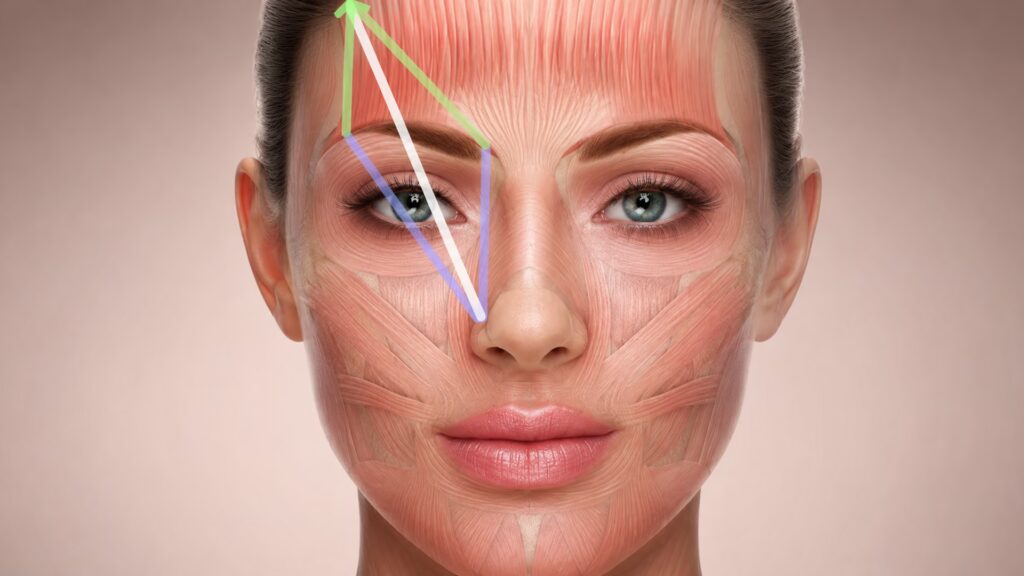 Botox injection technique with facial mapping guidelines over muscle anatomy
