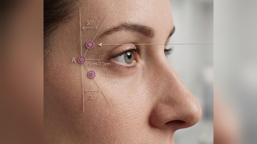 Crow's feet botox injection technique with angle and depth markings