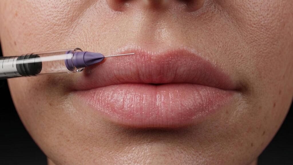 Dermal filler lip injection technique demonstrated with a syringe