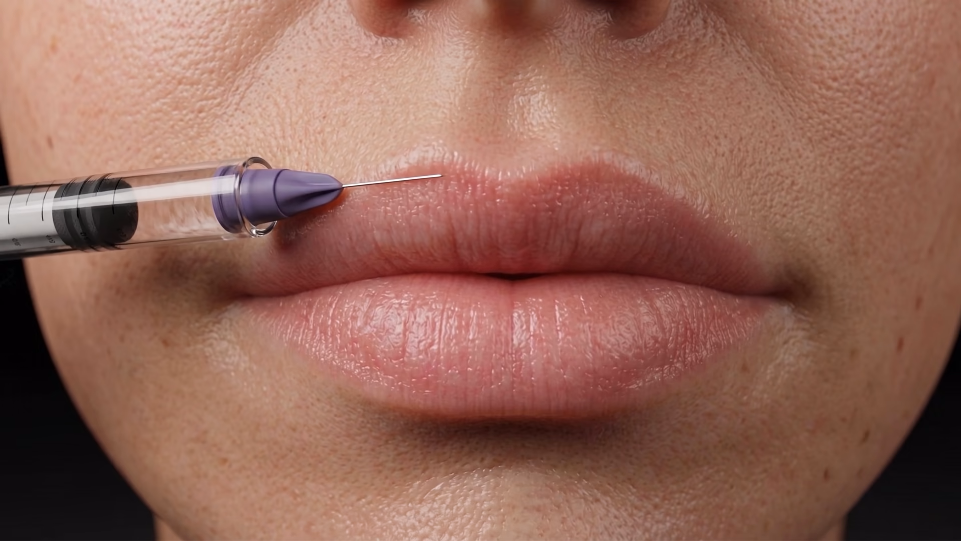 Dermal filler lip injection technique demonstrated with a syringe