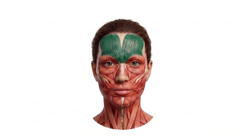 Frontalis muscle highlighted on the forehead, a key target for botox treatment