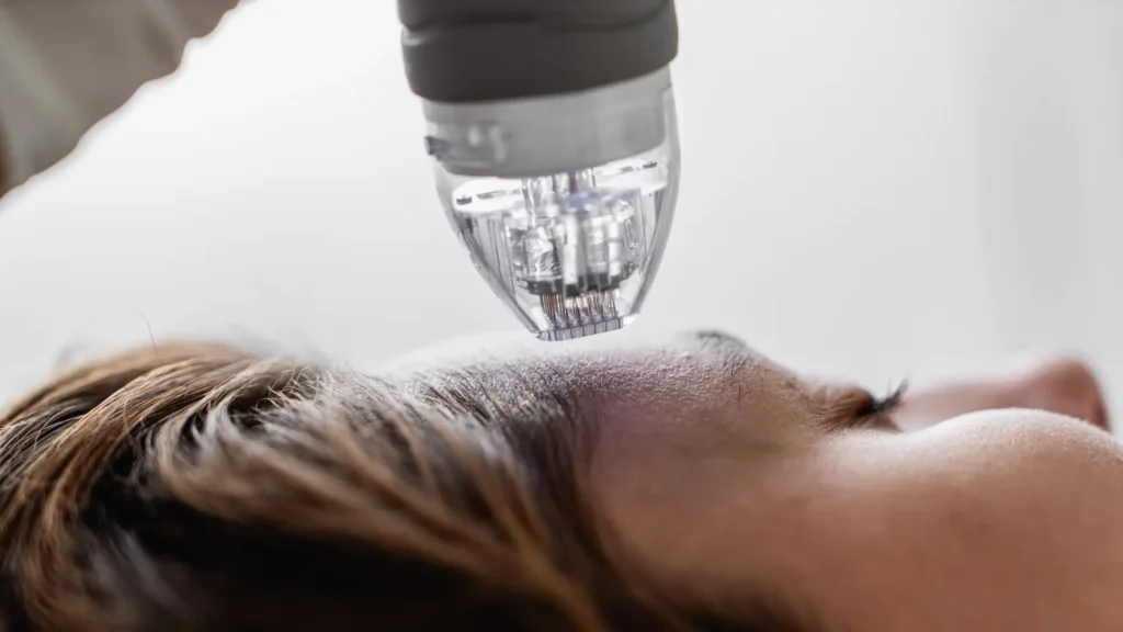 Close-up of a microneedling device being used on a client's forehead