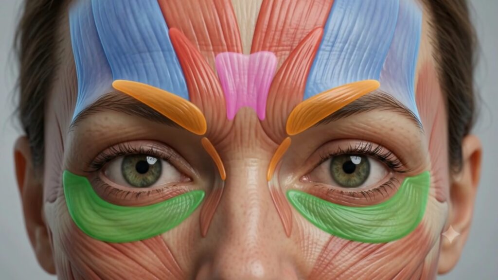 Color-coded periorbital muscles targeted for botox treatment of crow's feet