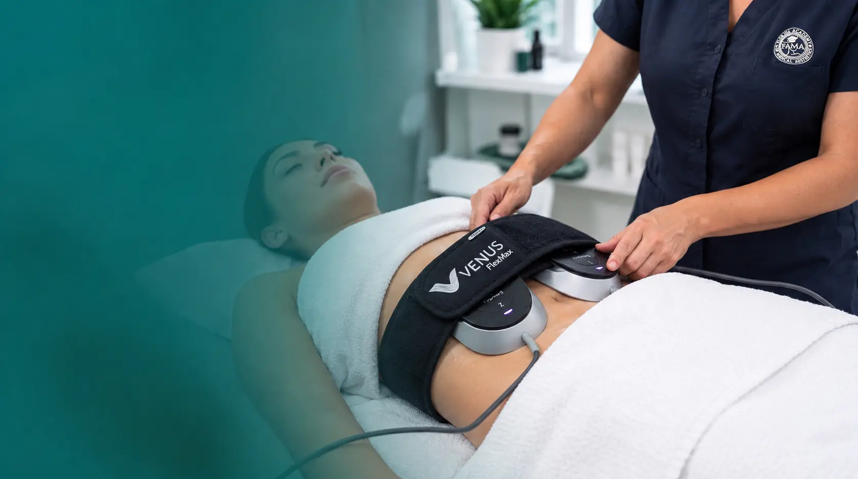 FAMA Academy instructor placing a Venus FlexMax body contouring applicator on a client's abdomen during Body Sculpting Master Class training in a clinical spa in Florida